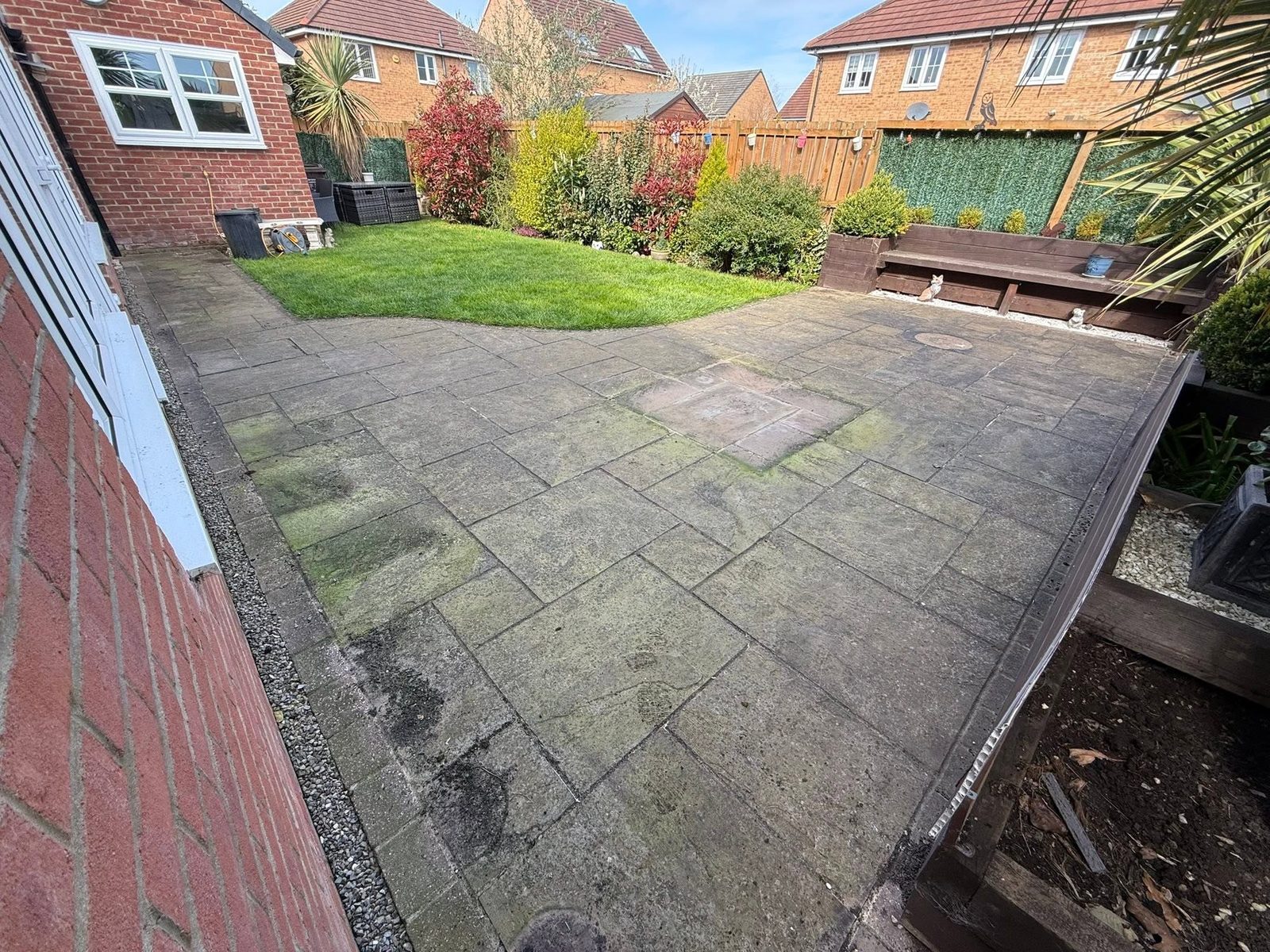 Block paving before cleaning with weeds — block paving cleaning in Redcar  Teesside by Ingleby Garden Maintenance (IGM)
