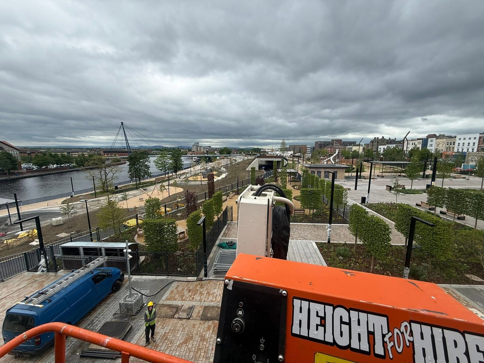 Branded cherry picker on commercial job — cherry picker high-access work in Stockton-on-Tees  Teesside by Ingleby Garden Maintenance (IGM)